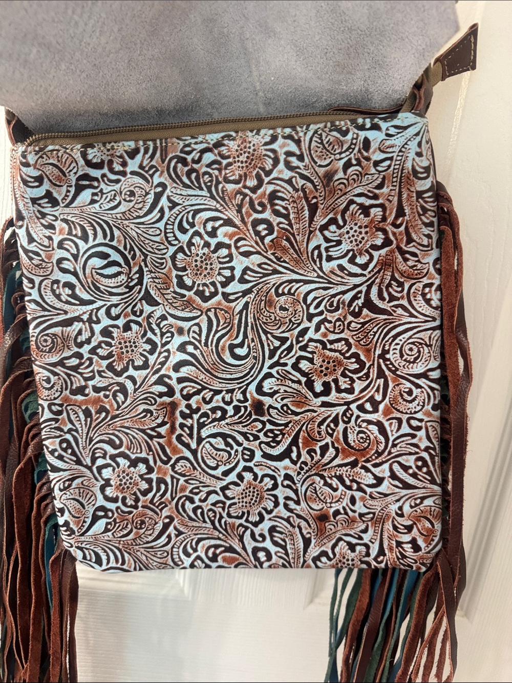 Fringe Leather Crossbody Bag with Cowhide Accent - Brown & White - Picture 5 of 5